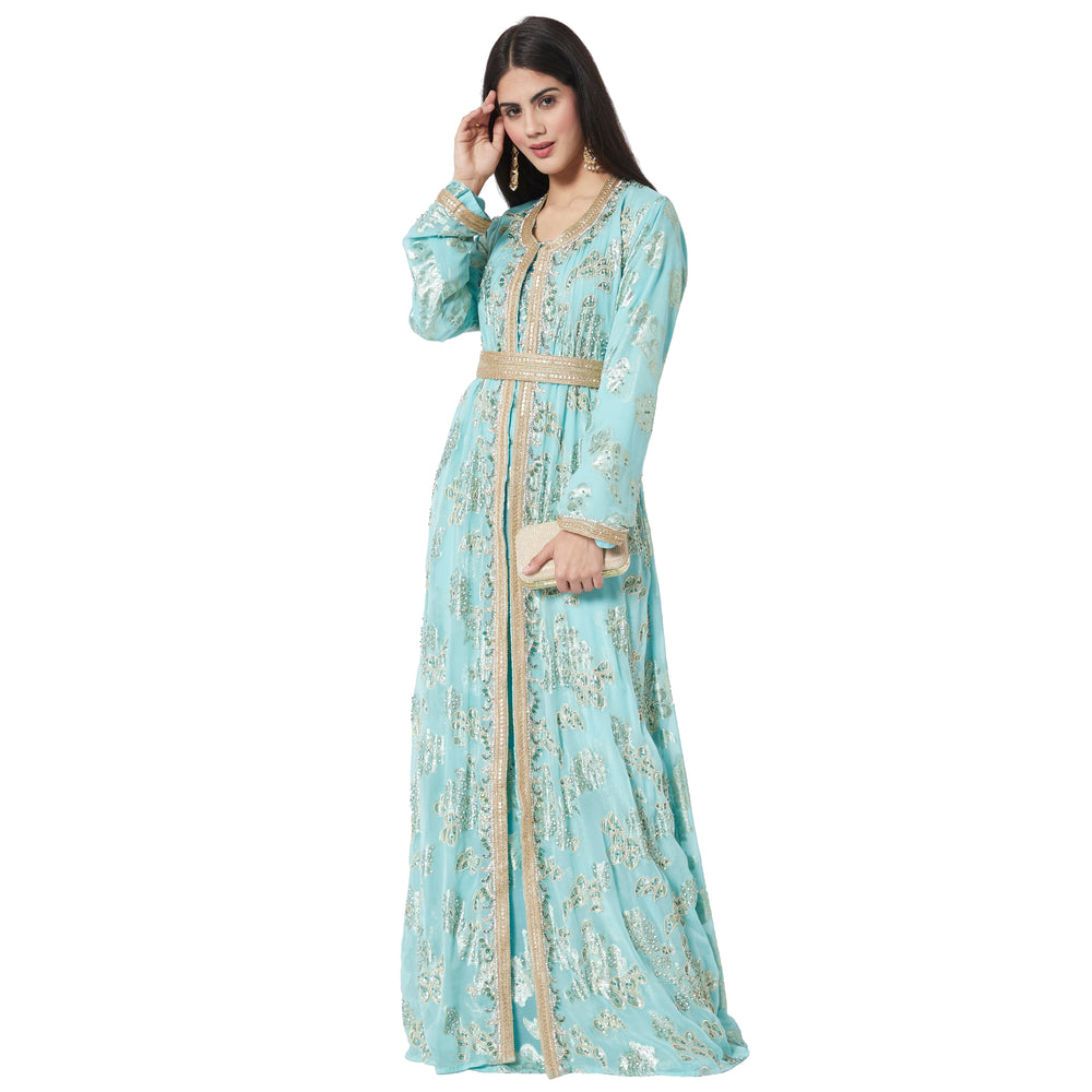 
                  
                    Moroccan Caftan Crystal Hand Work on Embossed Brasso Fabric - Maxim Creation
                  
                