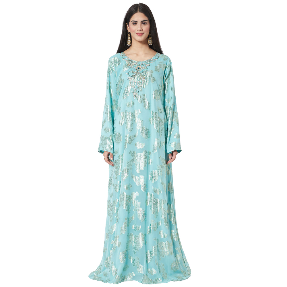 
                  
                    Moroccan Caftan Crystal Hand Work on Embossed Brasso Fabric - Maxim Creation
                  
                