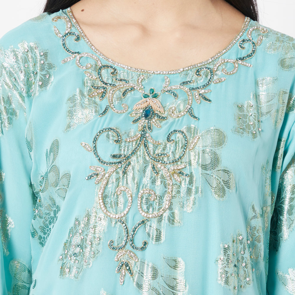 
                  
                    Moroccan Caftan Crystal Hand Work on Embossed Brasso Fabric - Maxim Creation
                  
                
