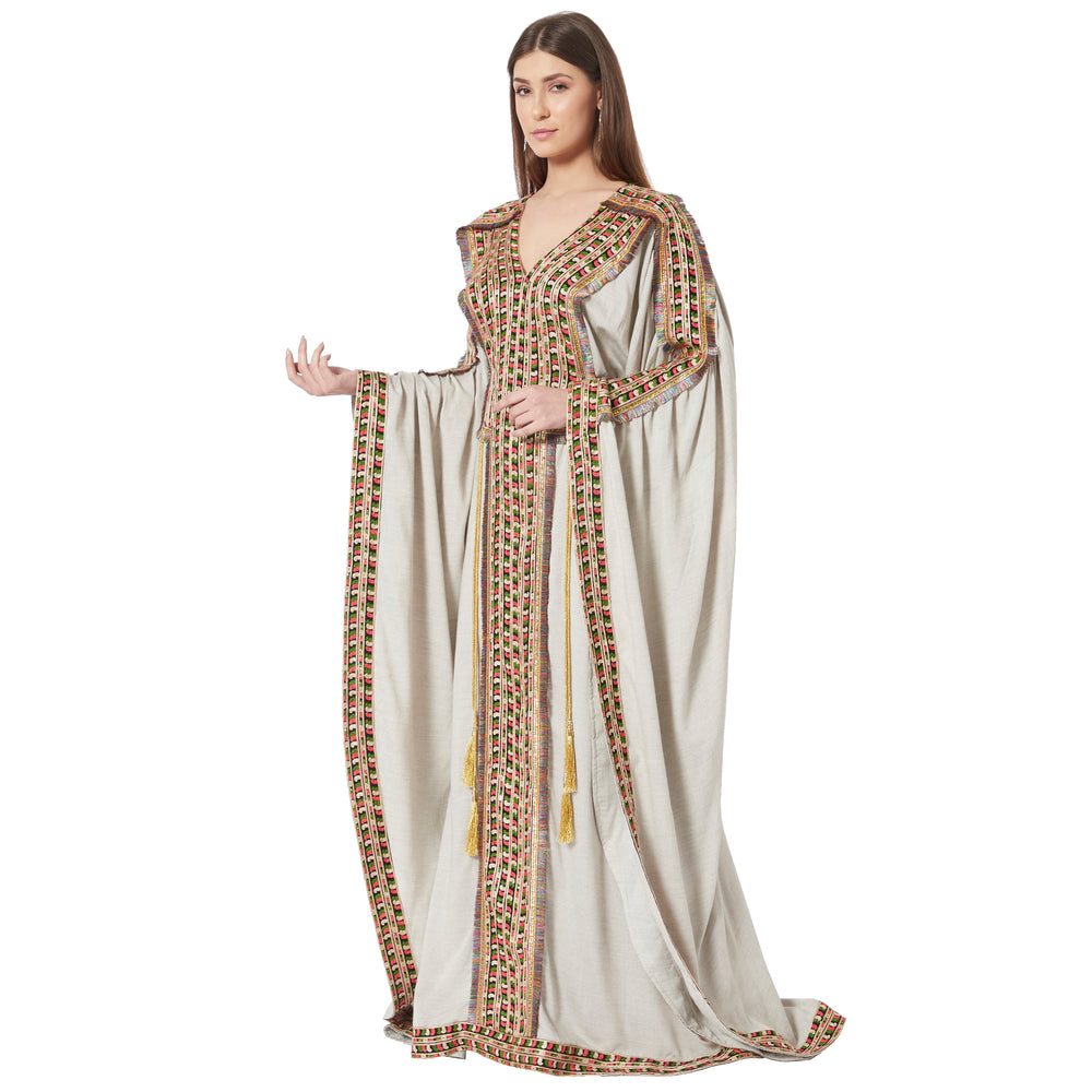 
                  
                    Grey Kaftan in Long Sleeve Tea Party Farasha Poncho in Thread Work - Maxim Creation
                  
                