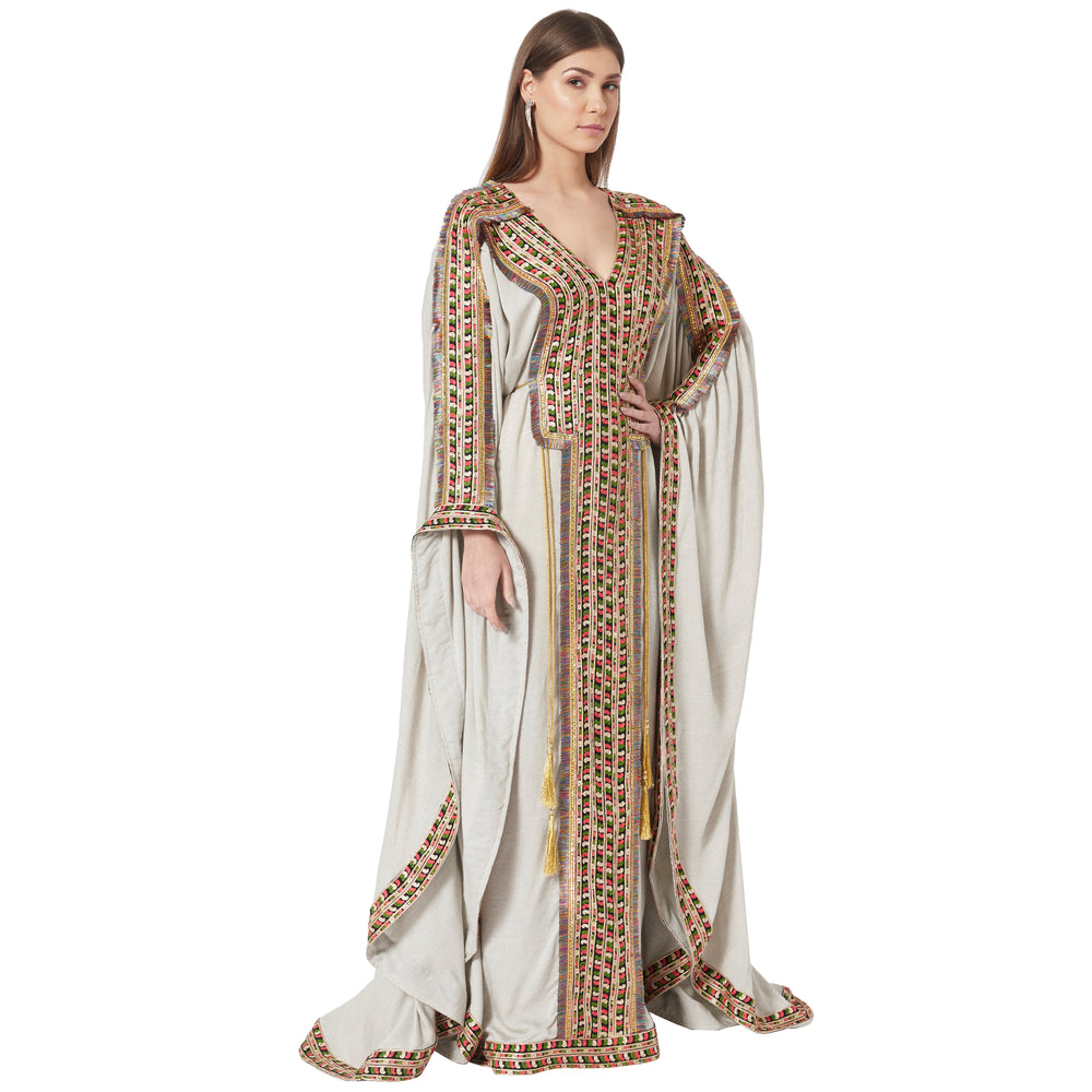 
                  
                    Grey Kaftan in Long Sleeve Tea Party Farasha Poncho in Thread Work - Maxim Creation
                  
                