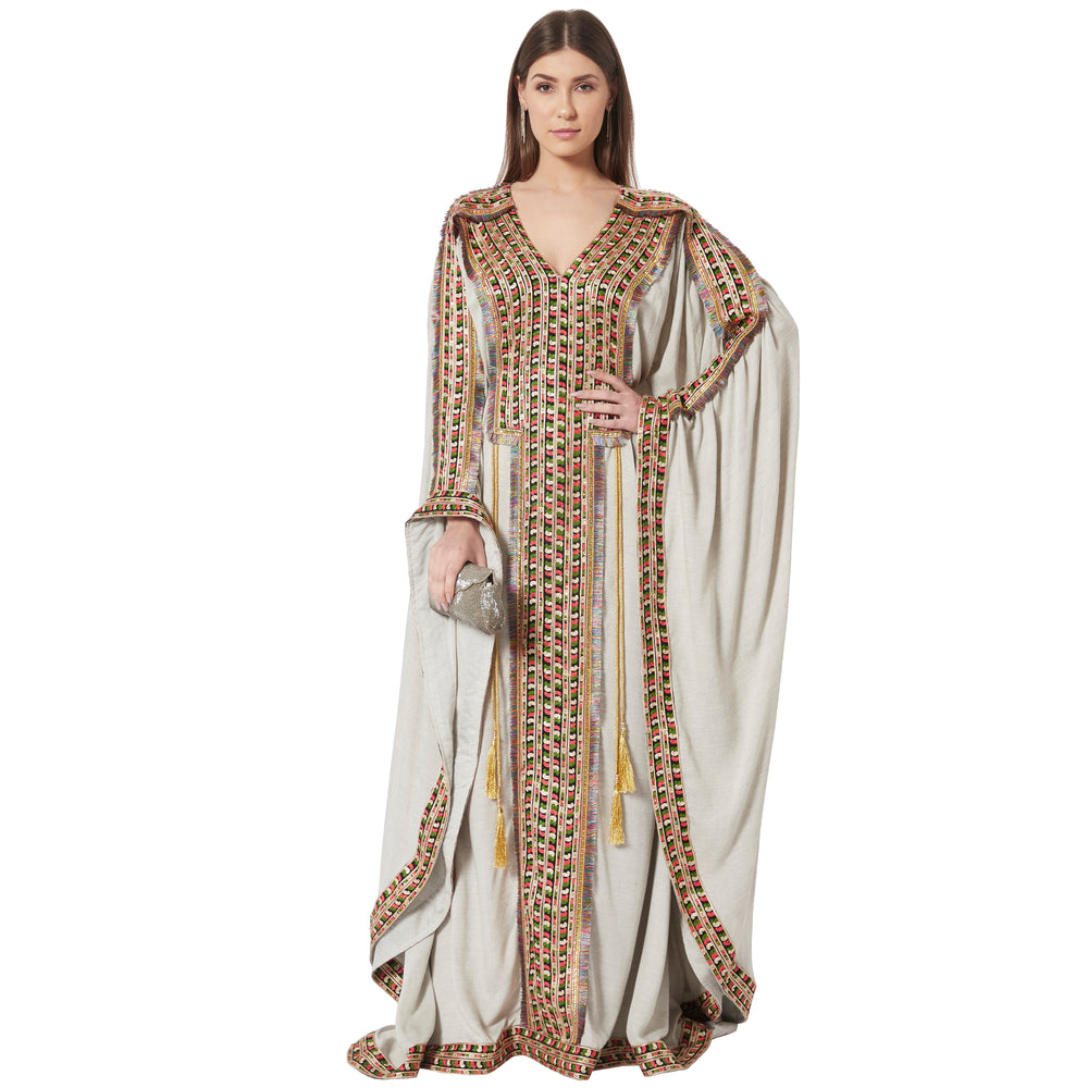
                  
                    Grey Kaftan in Long Sleeve Tea Party Farasha Poncho in Thread Work - Maxim Creation
                  
                