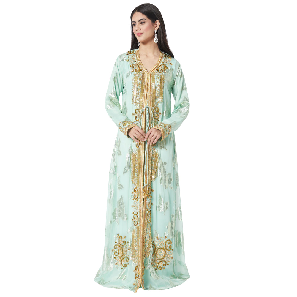 
                  
                    Turkish Kaftan Designer Khaleeji Thobe Dress in Embossed Satin Fabric - Maxim Creation
                  
                