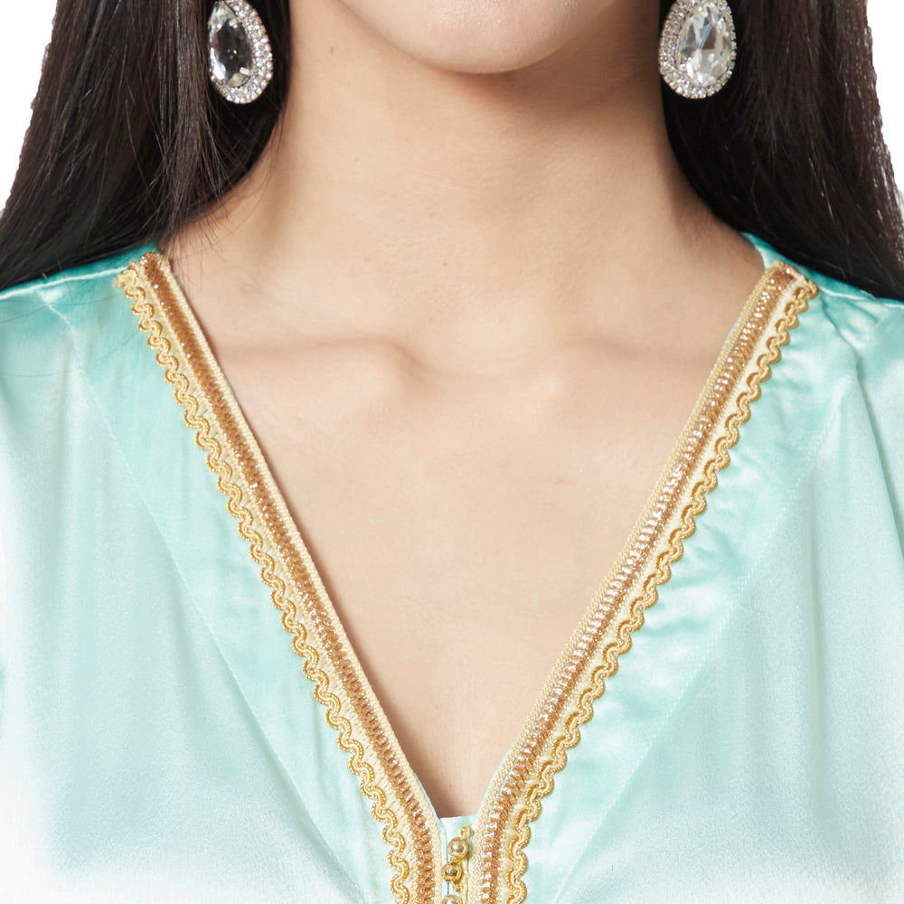 
                  
                    Turkish Kaftan Designer Khaleeji Thobe Dress in Embossed Satin Fabric - Maxim Creation
                  
                