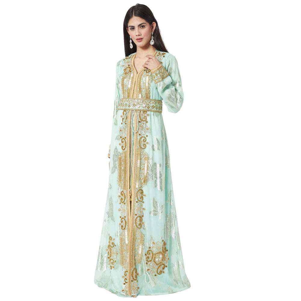 
                  
                    Turkish Kaftan Designer Khaleeji Thobe Dress in Embossed Satin Fabric - Maxim Creation
                  
                