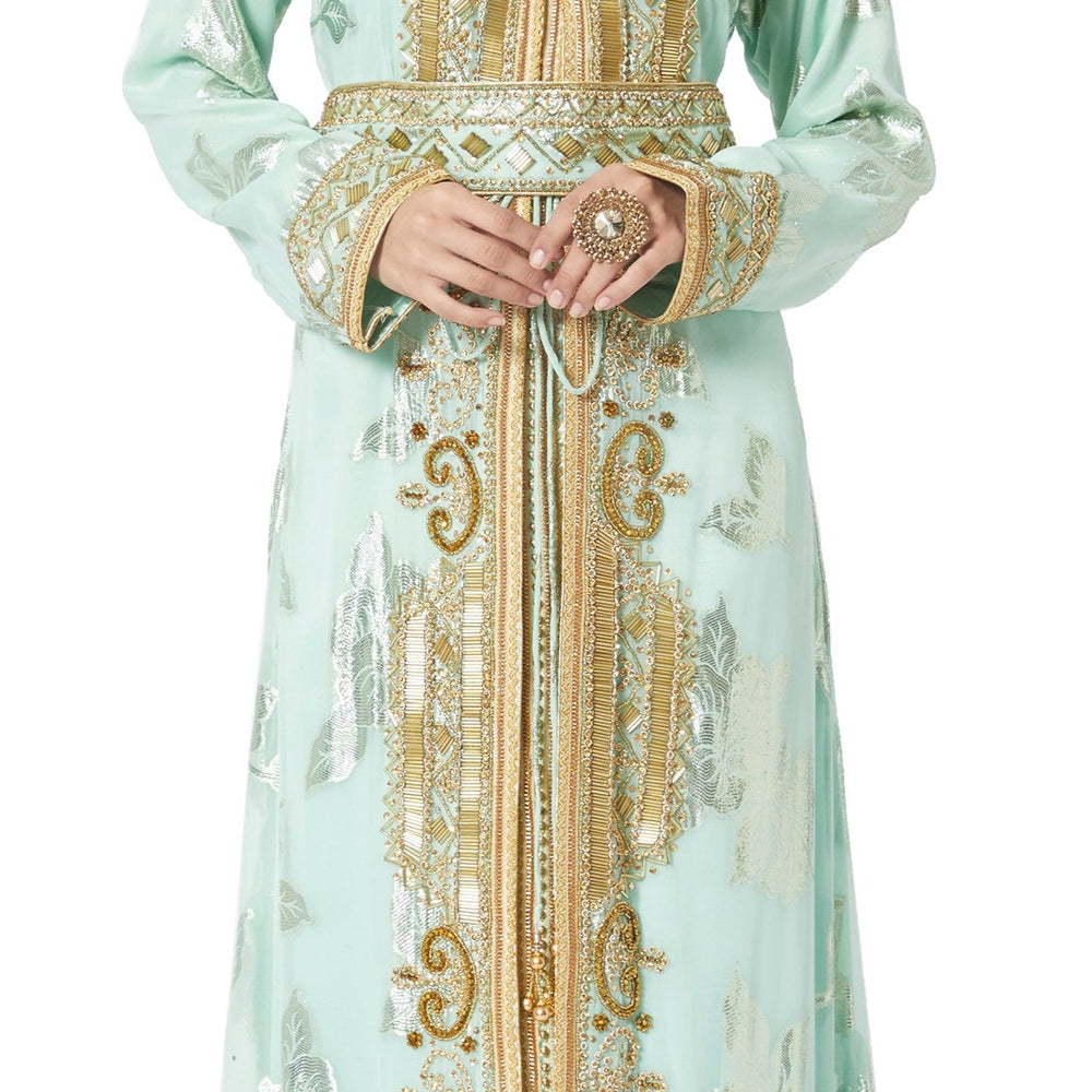 Turkish Kaftan Designer Khaleeji Thobe Dress in Embossed Satin Fabric - Maxim Creation