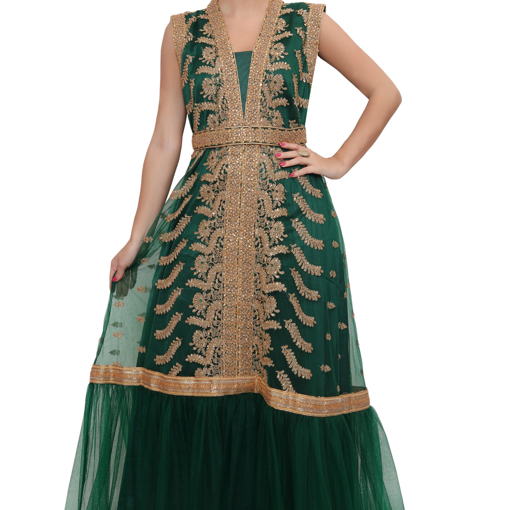 
                  
                    Green Designer Kaftan Bridal Gown Embroidered Dress - Maxim Creation
                  
                