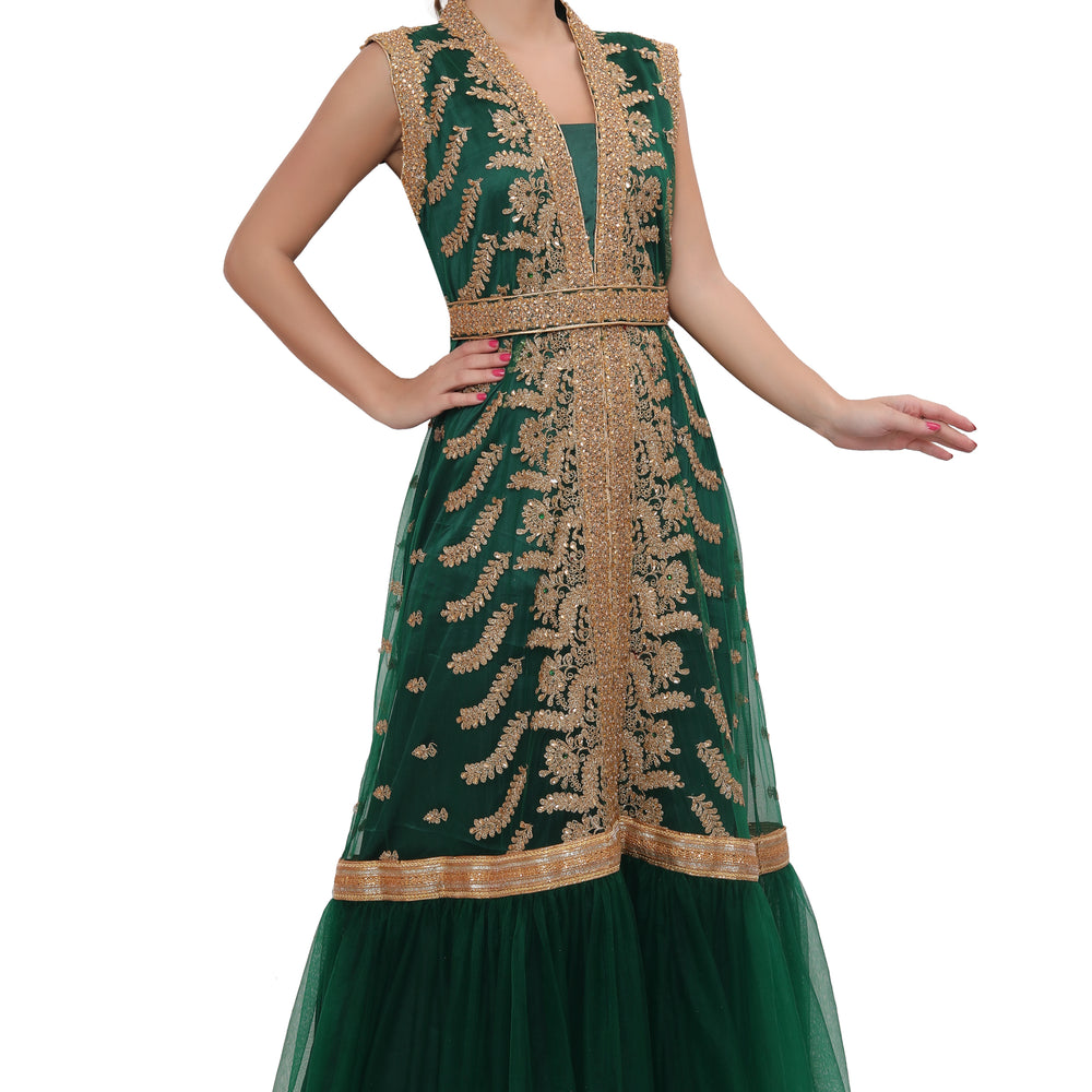 
                  
                    Green Designer Kaftan Bridal Gown Embroidered Dress - Maxim Creation
                  
                