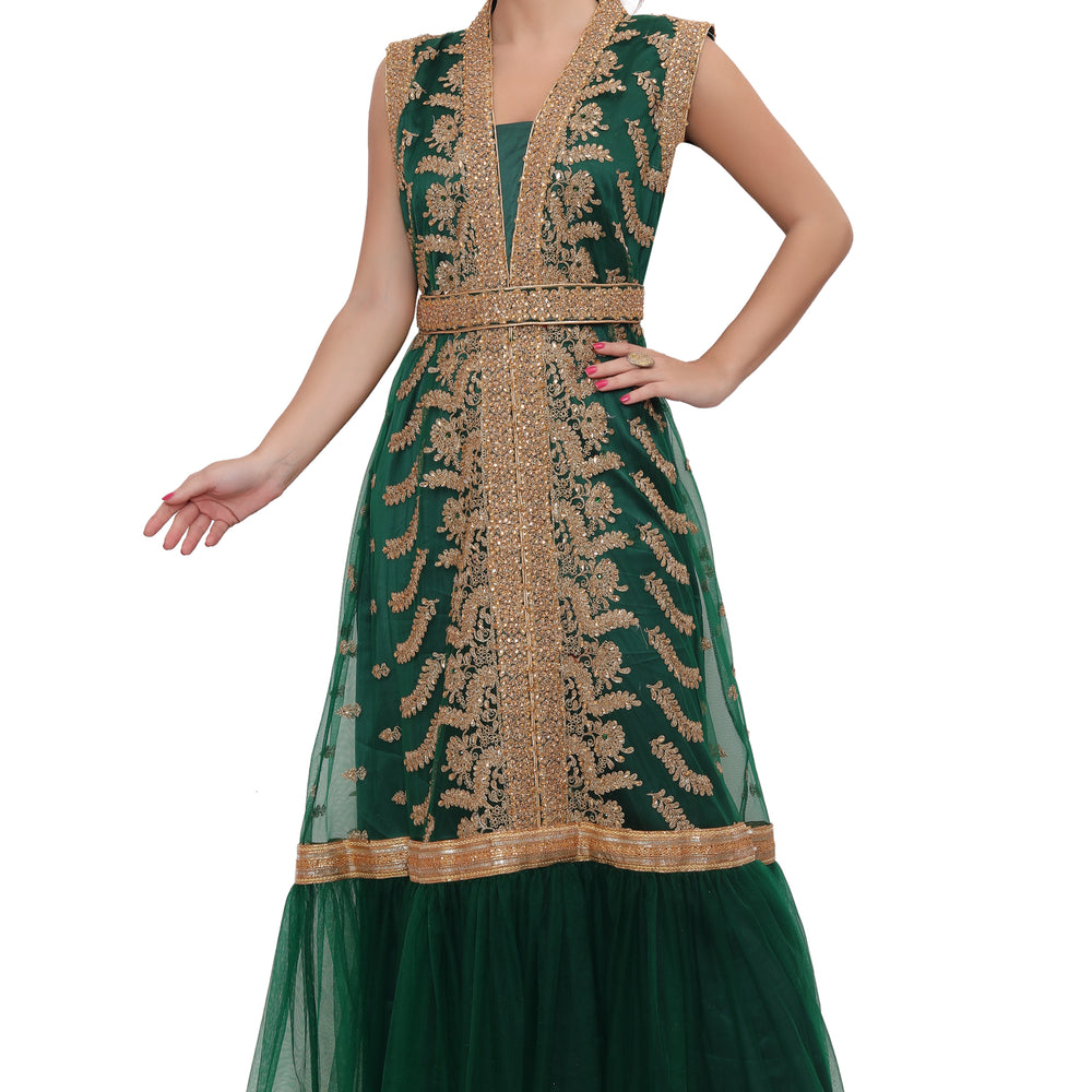 
                  
                    Green Designer Kaftan Bridal Gown Embroidered Dress - Maxim Creation
                  
                