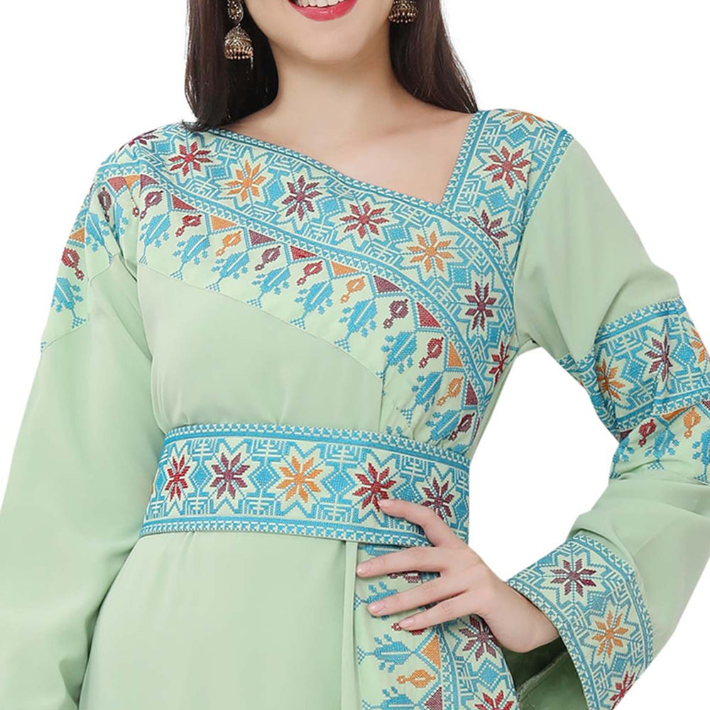 
                  
                    Designer Palestine Thobe Caftan with Colorful Cross Stitch Embroidery - Maxim Creation
                  
                