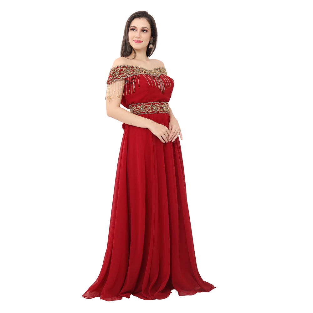 
                  
                    Red Prom Gown Bridesmaid Dress with Golden Tassels - Maxim Creation
                  
                