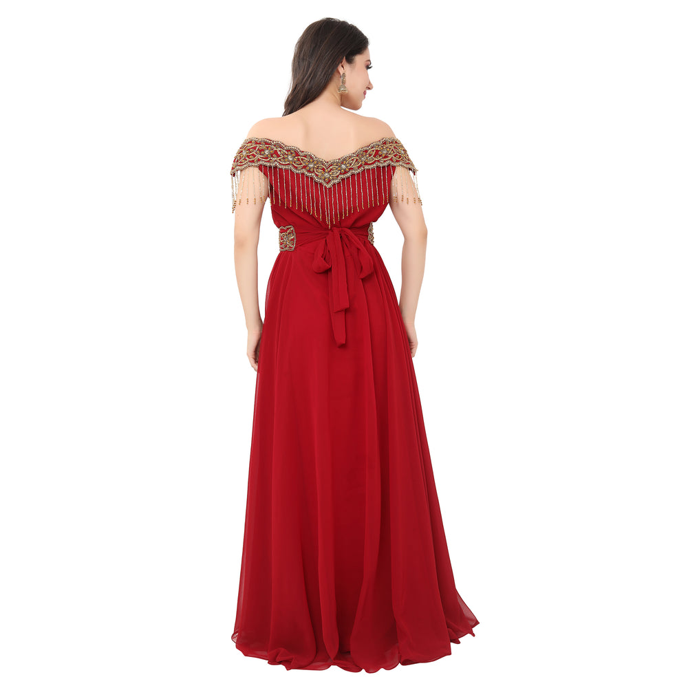 
                  
                    Red Prom Gown Bridesmaid Dress with Golden Tassels - Maxim Creation
                  
                