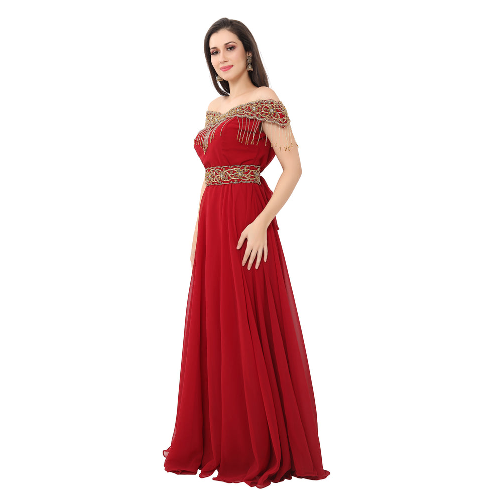 
                  
                    Red Prom Gown Bridesmaid Dress with Golden Tassels - Maxim Creation
                  
                