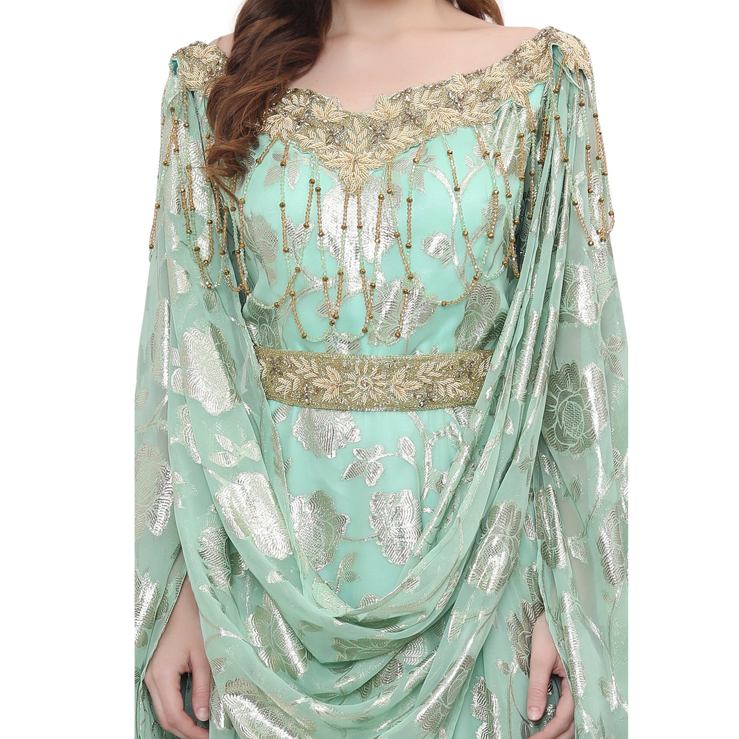 Designer Abaya Kaftan in Printed Embossed Brasso with Tassels - Maxim Creation