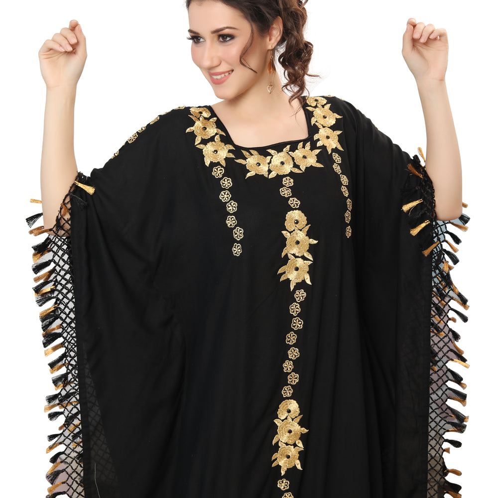 Designer Caftan Black Rayon Gown with Tassels - Maxim Creation