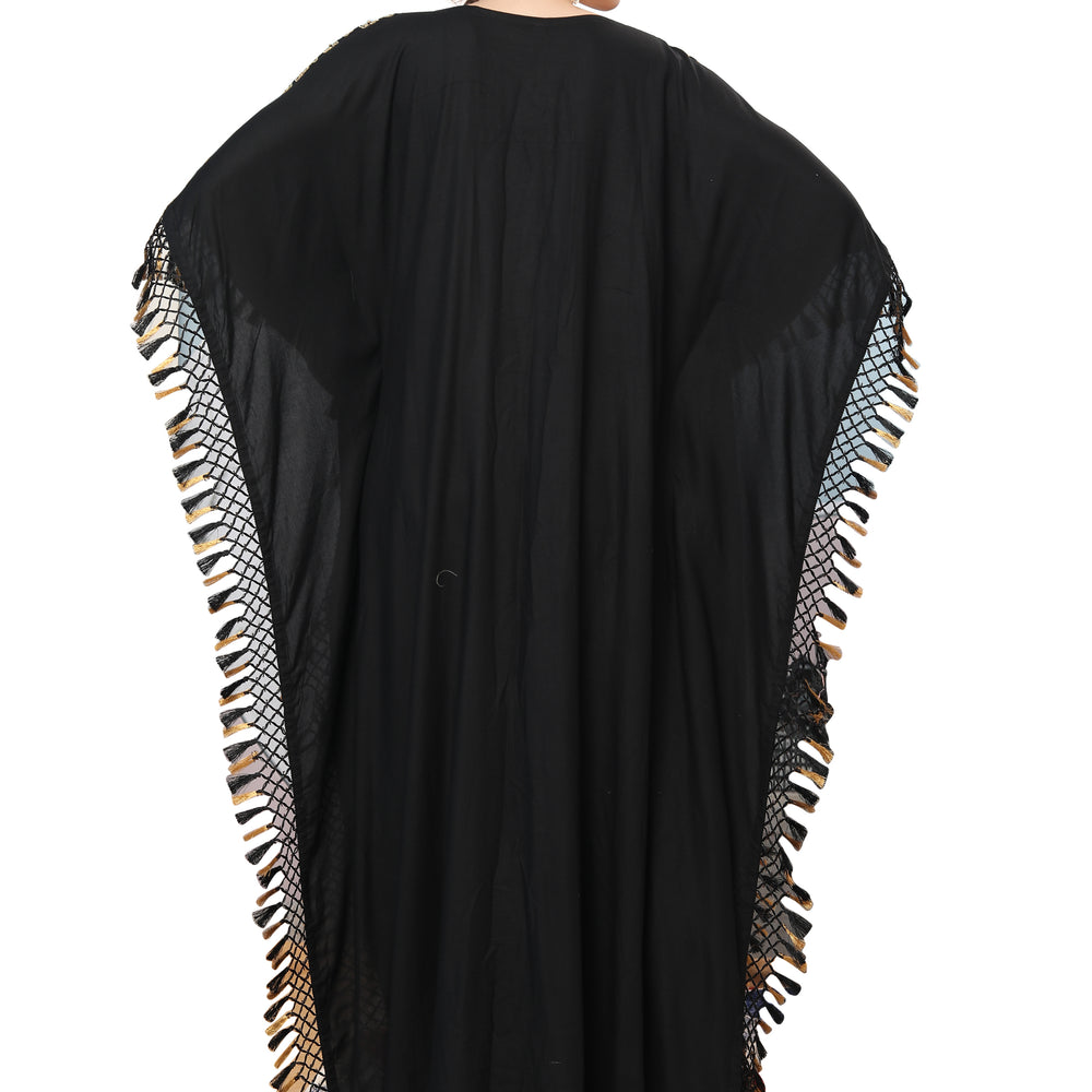 
                  
                    Designer Caftan Black Rayon Gown with Tassels - Maxim Creation
                  
                