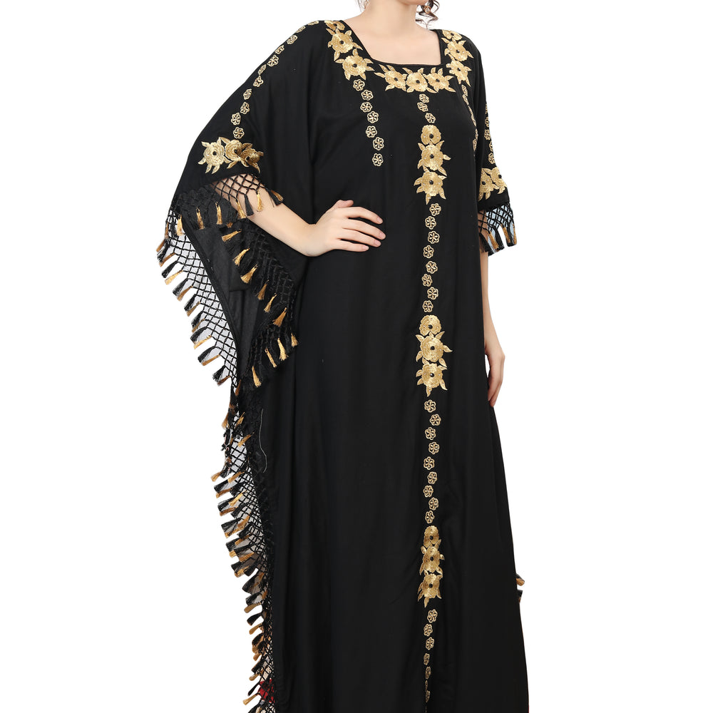 
                  
                    Designer Caftan Black Rayon Gown with Tassels - Maxim Creation
                  
                