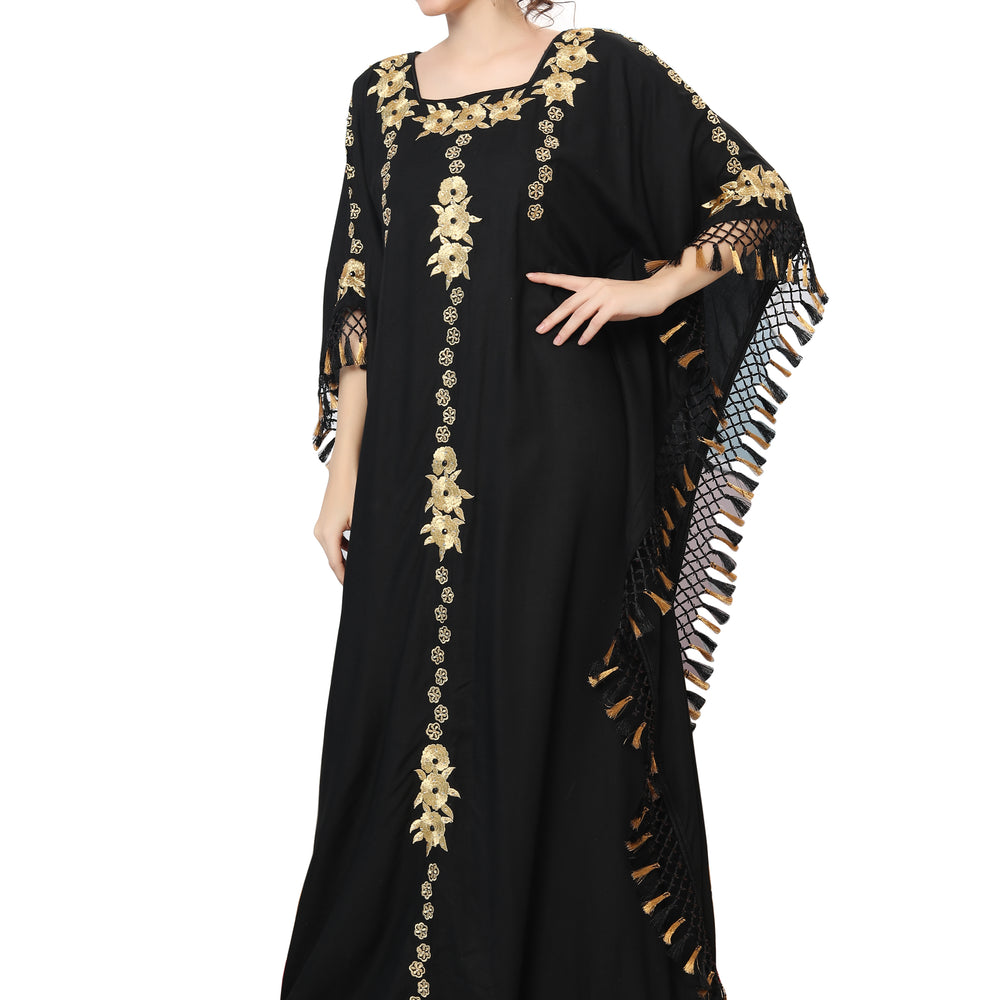 
                  
                    Designer Caftan Black Rayon Gown with Tassels - Maxim Creation
                  
                