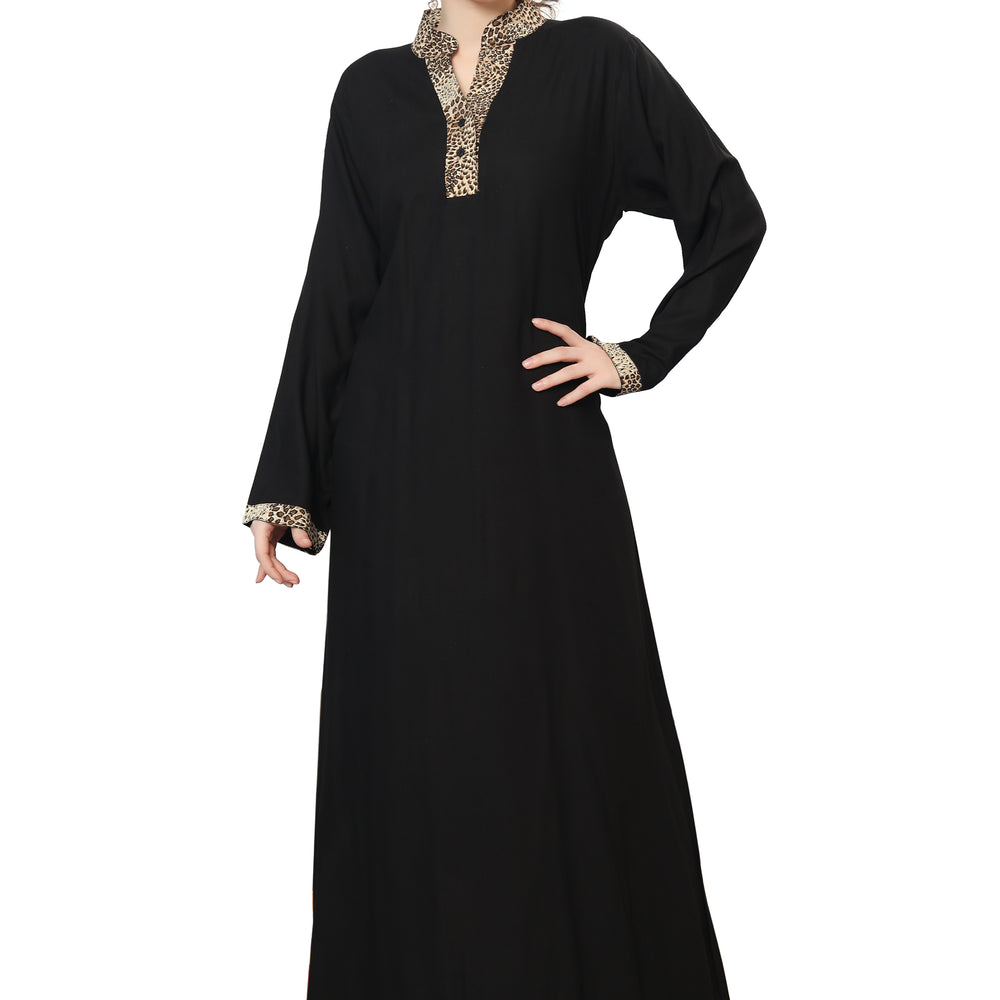 Black Mul Tiered Maxi Dress with Leopord Print Collar - Maxim Creation