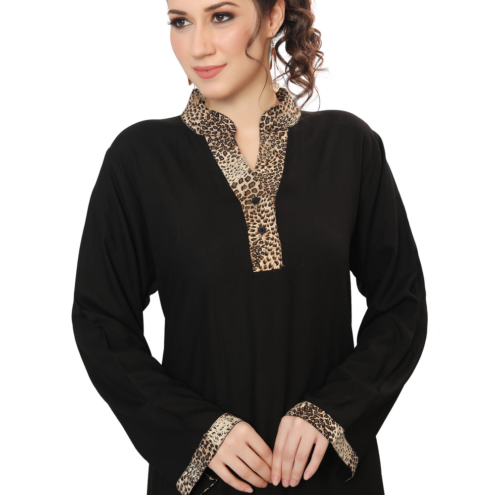Black Mul Tiered Maxi Dress with Leopord Print Collar - Maxim Creation