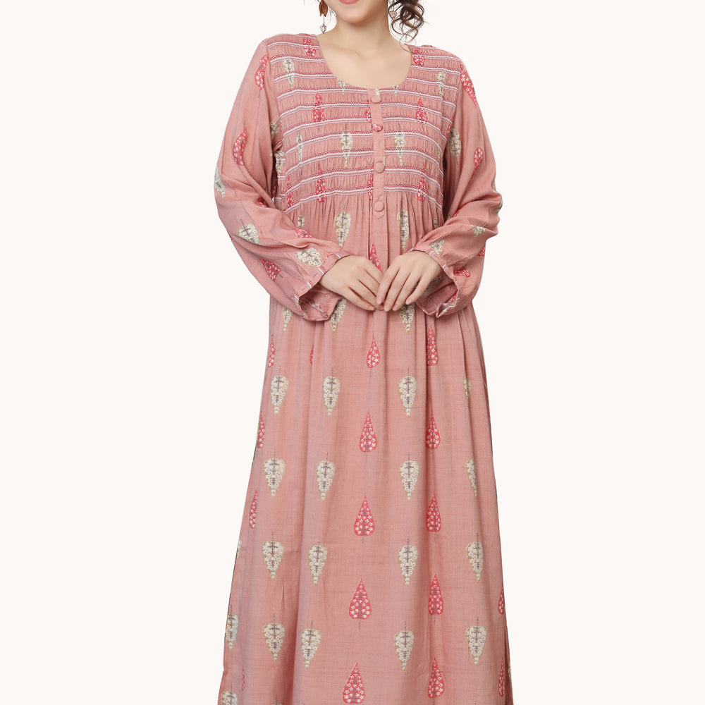 Long Kaftan Gown with Gathering in Pink - Maxim Creation