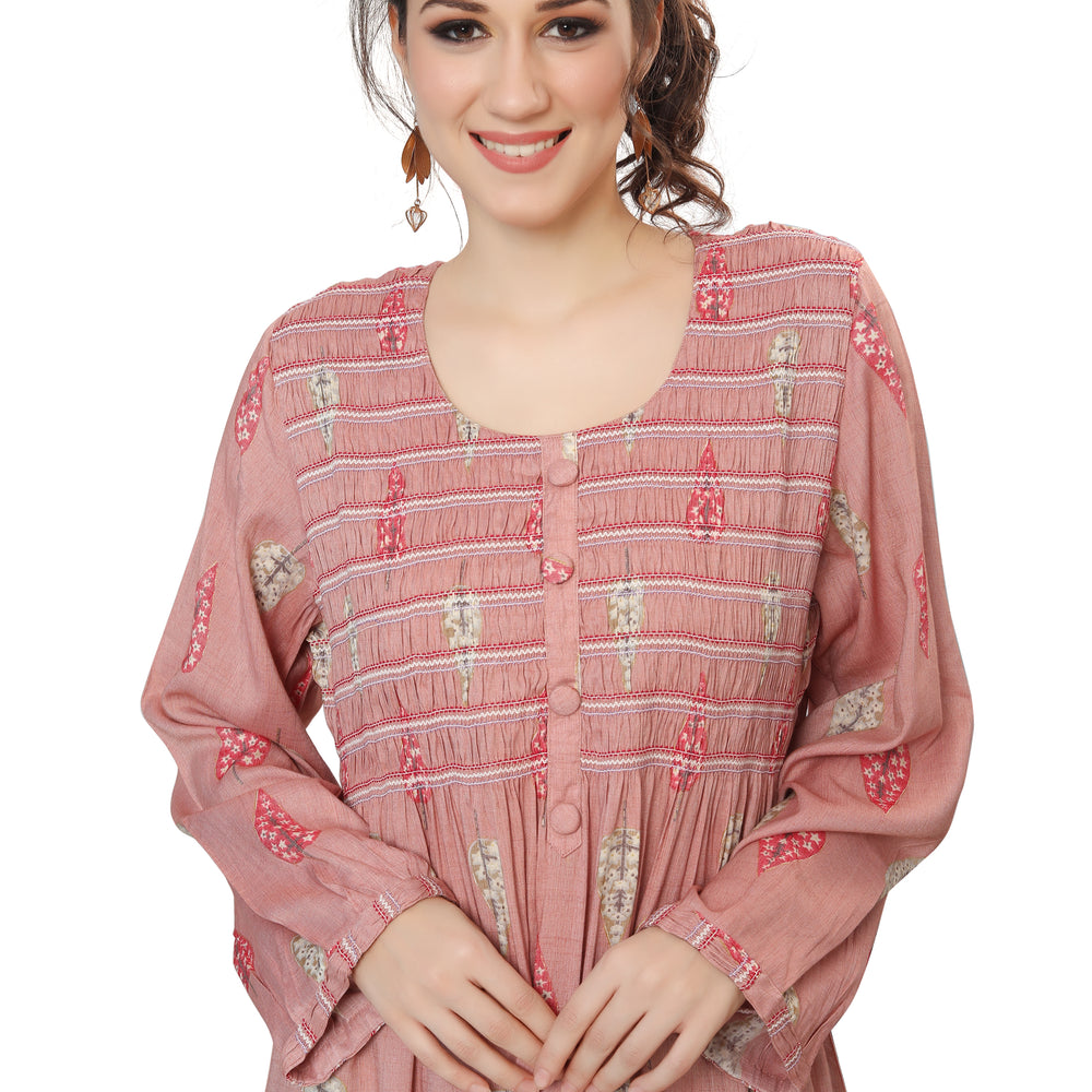 Long Kaftan Gown with Gathering in Pink - Maxim Creation