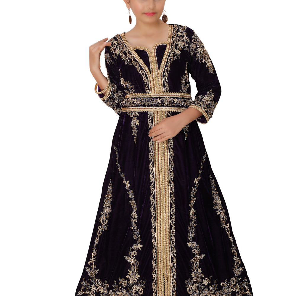 Takchita Kids Caftan Purple Velvet Party Gown For Children - Maxim Creation