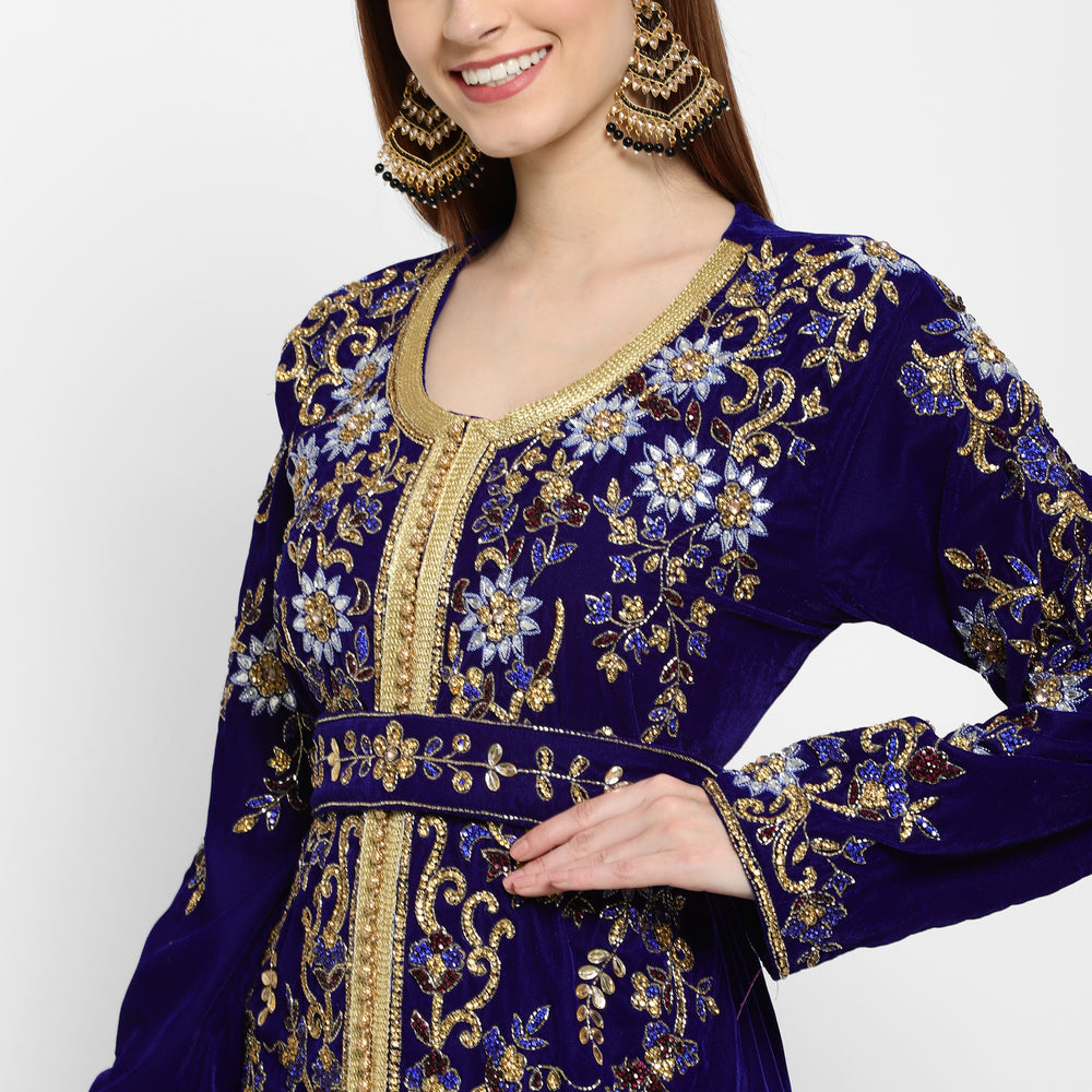 
                  
                    Designer Kaftan Bridal Gown in Royal Blue Velvet - Maxim Creation
                  
                