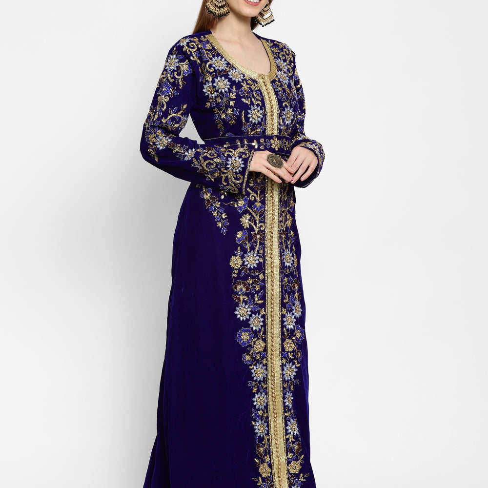 
                  
                    Designer Kaftan Bridal Gown in Royal Blue Velvet - Maxim Creation
                  
                