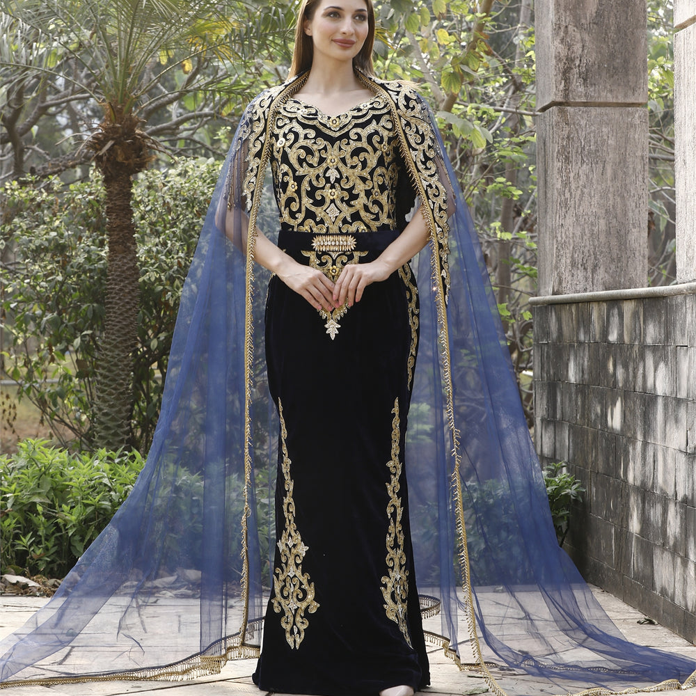 Crystal Hand Work & Beads Caftan Velvet Ball Gown