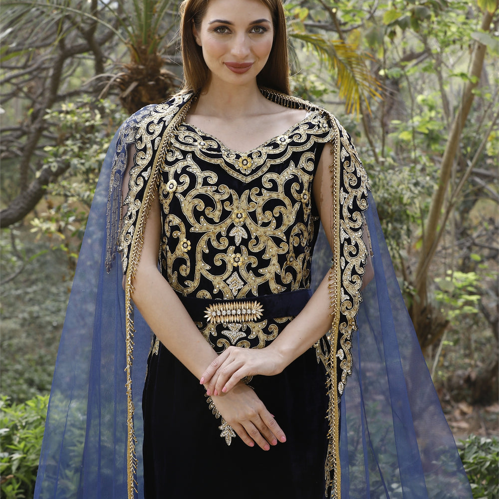 
                  
                    Crystal Hand Work & Beads Caftan Velvet Ball Gown
                  
                