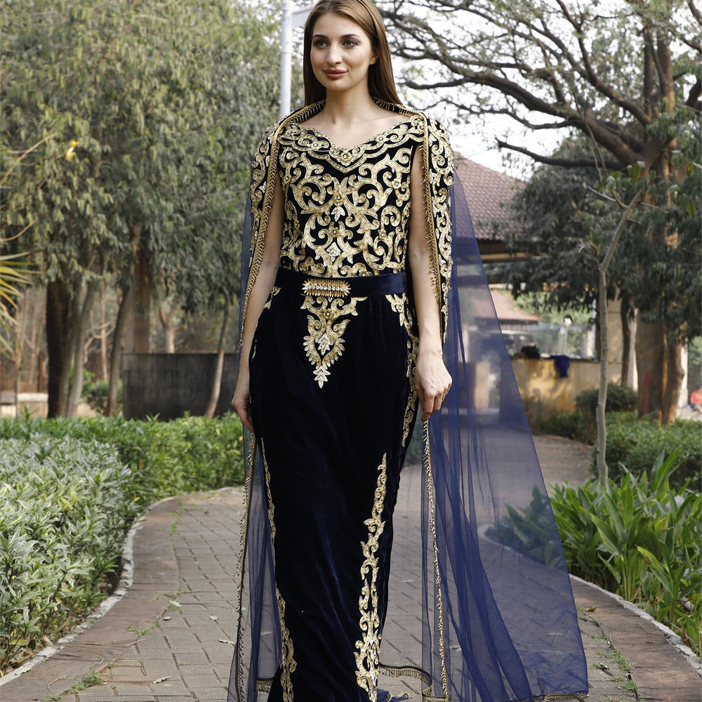 
                  
                    Crystal Hand Work & Beads Caftan Velvet Ball Gown
                  
                