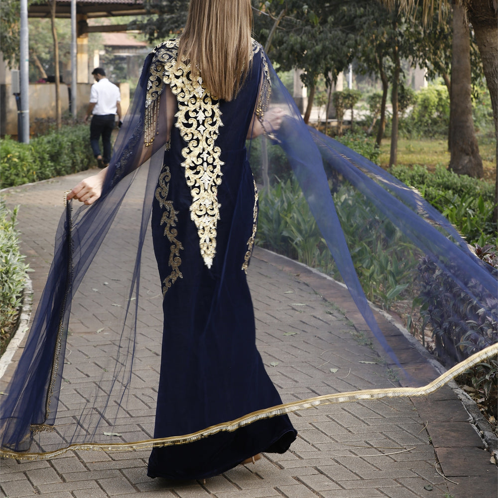 
                  
                    Crystal Hand Work & Beads Caftan Velvet Ball Gown
                  
                