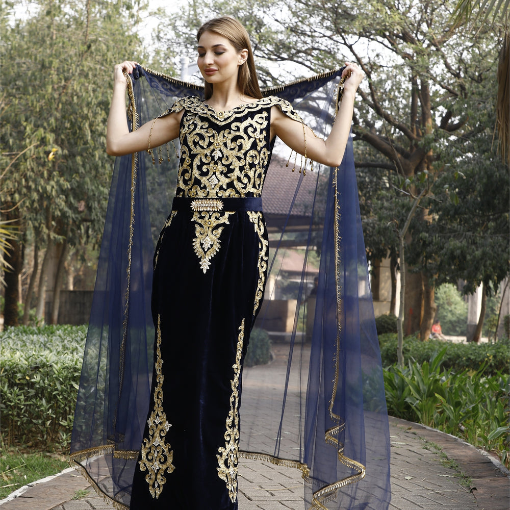 
                  
                    Crystal Hand Work & Beads Caftan Velvet Ball Gown
                  
                
