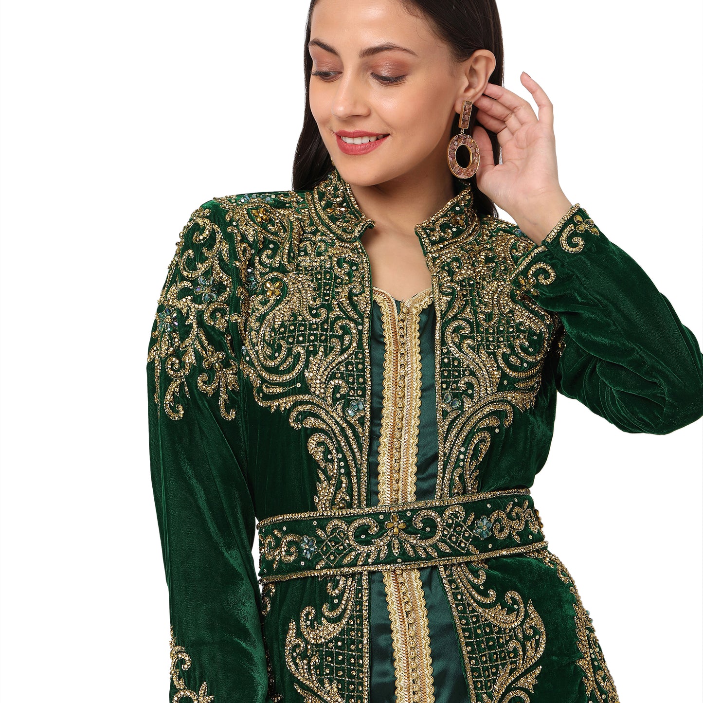 Designer Caftan Wedding Dress in Dark Green Velvet - Maxim Creation