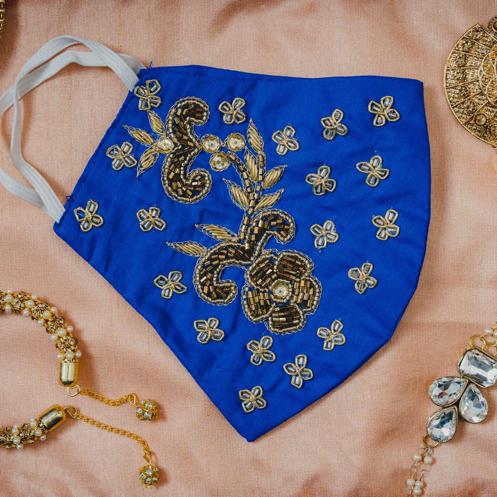 
                  
                    Royal Blue Cotton Face Mask with Floral Embroidery - Maxim Creation
                  
                