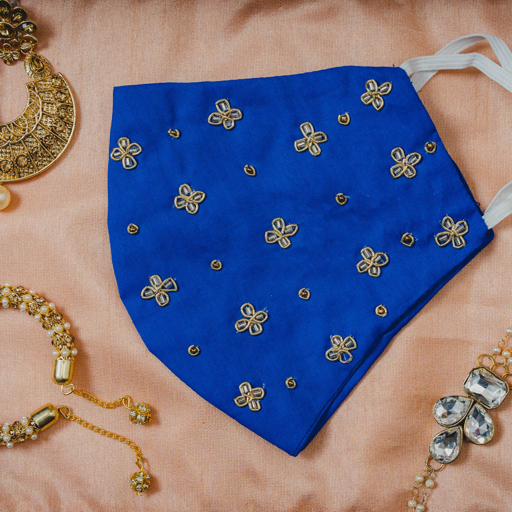 
                  
                    Royal Blue Cotton Face Mask with Floral Embroidery - Maxim Creation
                  
                
