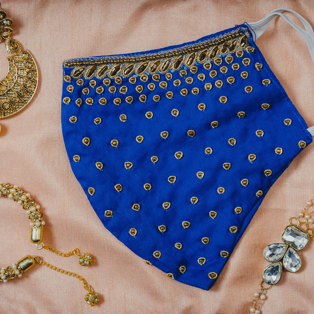 
                  
                    Gold Embroidery on Royal Blue Cotton Mask - Maxim Creation
                  
                