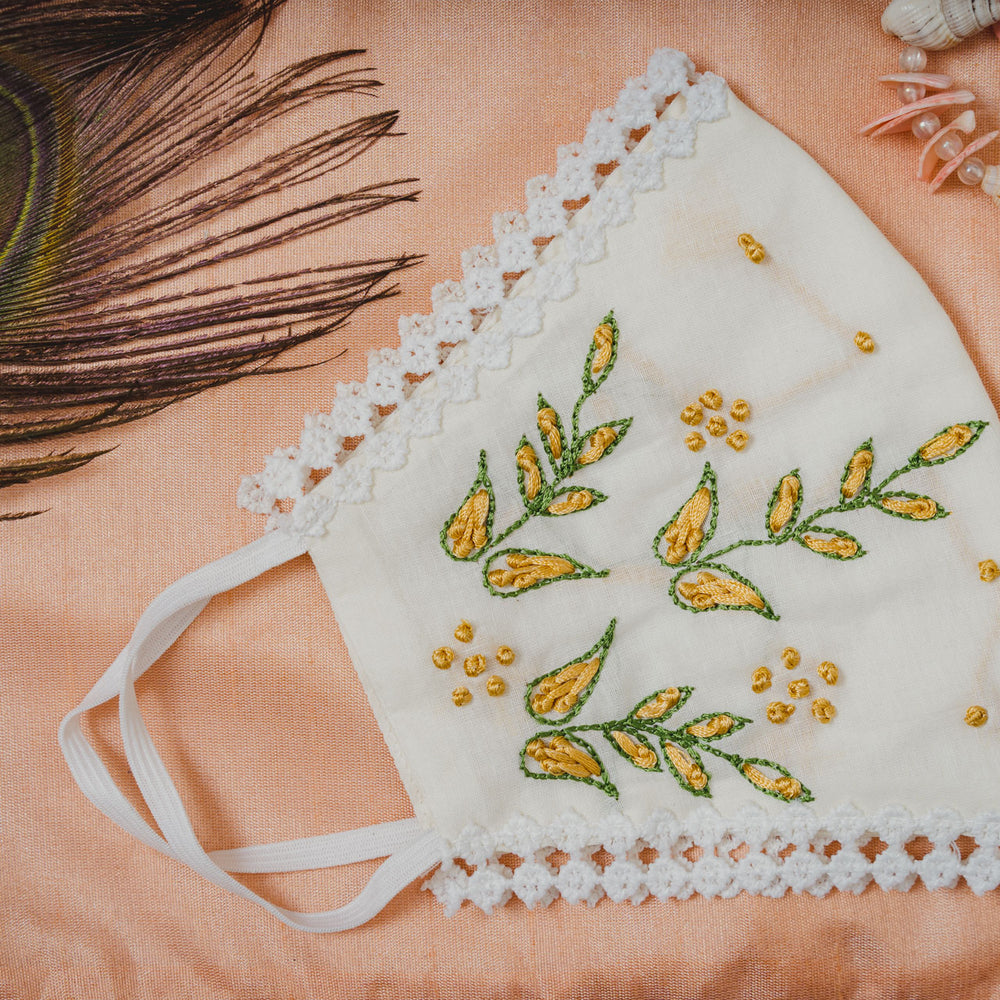 
                  
                    Cream Coloured Cotton Lace Face Mask with Floral Thread Embroidery - Maxim Creation
                  
                