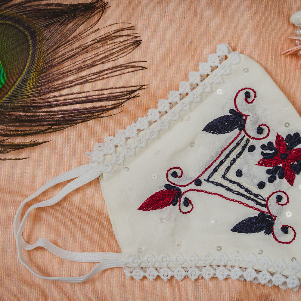 
                  
                    Cream Cotton Face Mask with Floral Embroidery - Maxim Creation
                  
                