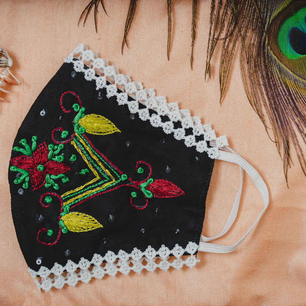 
                  
                    Black Cotton Lace Face Mask with Floral Thread Embroidery - Maxim Creation
                  
                