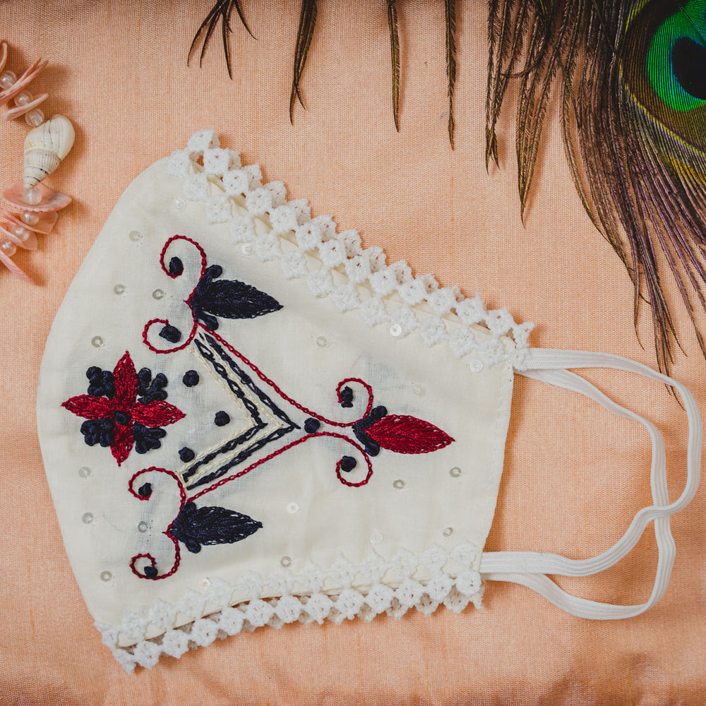 
                  
                    Cream Cotton Face Mask with Floral Embroidery - Maxim Creation
                  
                