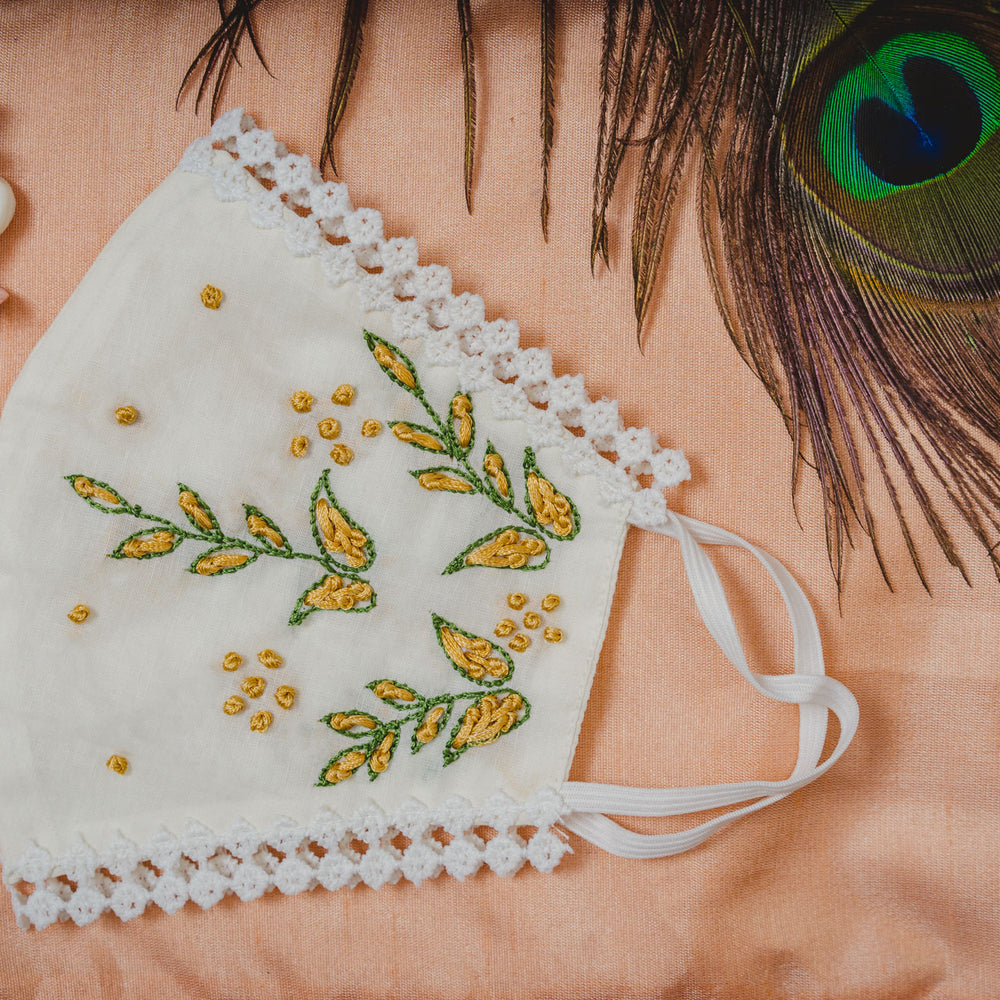 
                  
                    Cream Coloured Cotton Lace Face Mask with Floral Thread Embroidery - Maxim Creation
                  
                