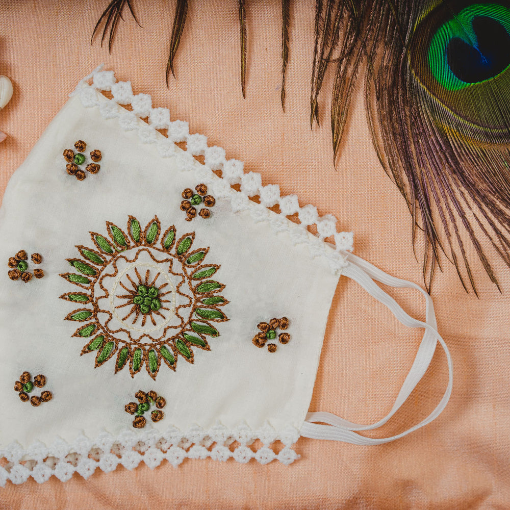 
                  
                    Cream Cotton Lace Face Mask with Sun Flower Embroidery - Maxim Creation
                  
                