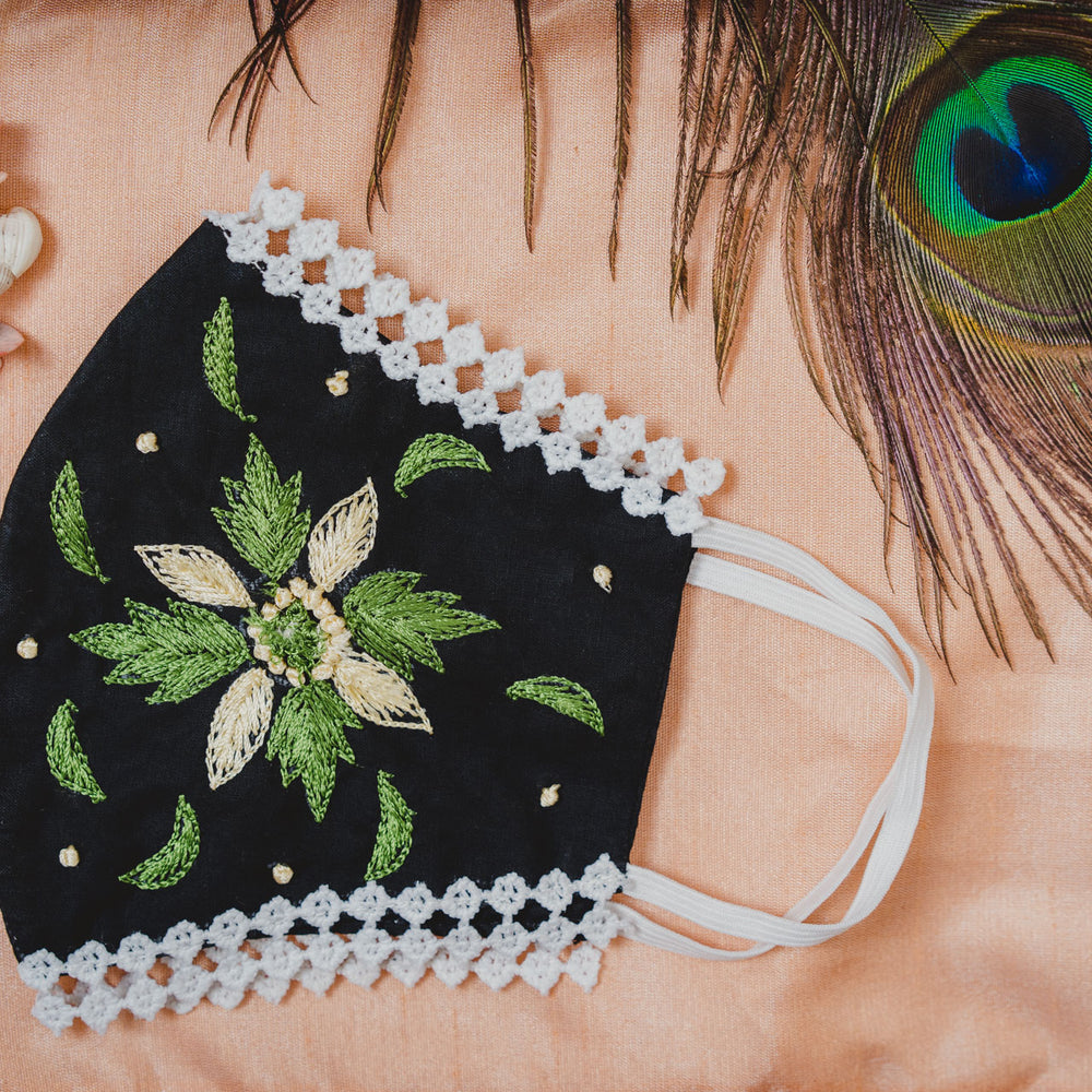 
                  
                    Geometric Floral Embroidery on Black Coloured Cotton Face Mask - Maxim Creation
                  
                