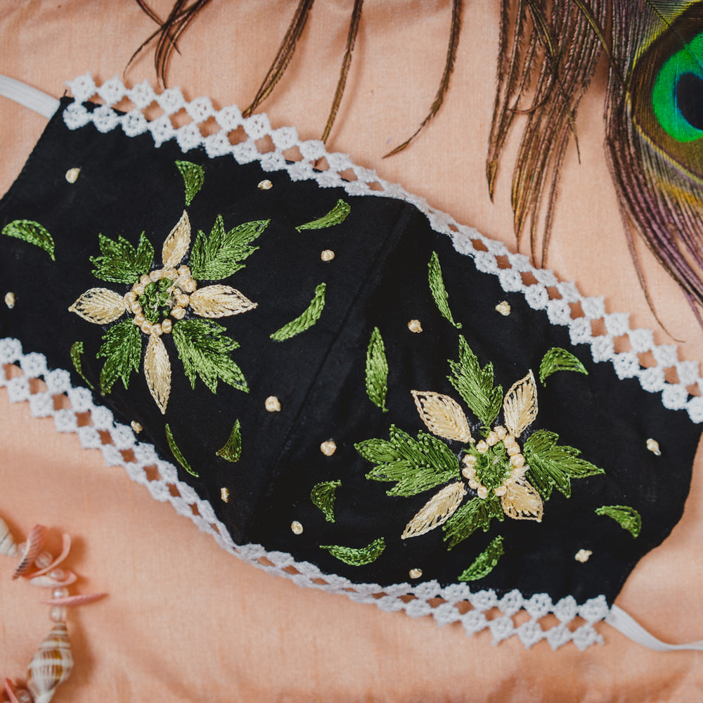 
                  
                    Geometric Floral Embroidery on Black Coloured Cotton Face Mask - Maxim Creation
                  
                