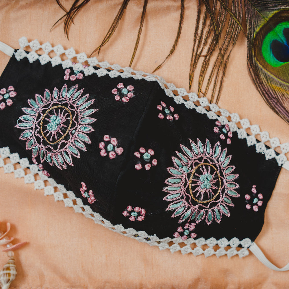 
                  
                    Black Coloured Cotton Face Mask with Lace and Sun Flowered Embroidery - Maxim Creation
                  
                