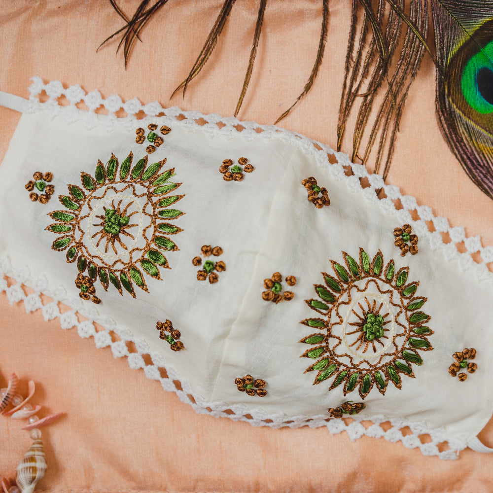 
                  
                    Cream Cotton Lace Face Mask with Sun Flower Embroidery - Maxim Creation
                  
                