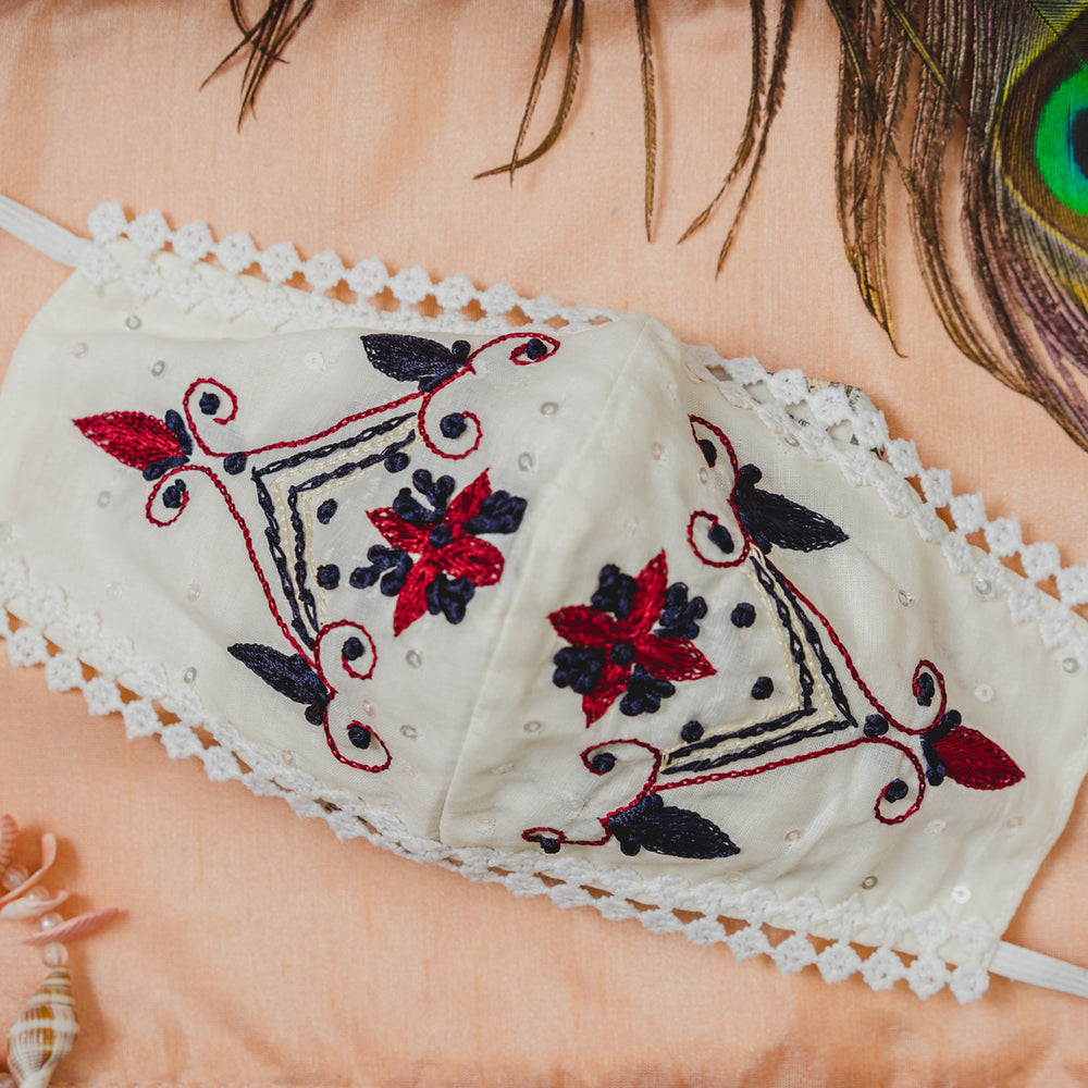 Cream Cotton Face Mask with Floral Embroidery - Maxim Creation