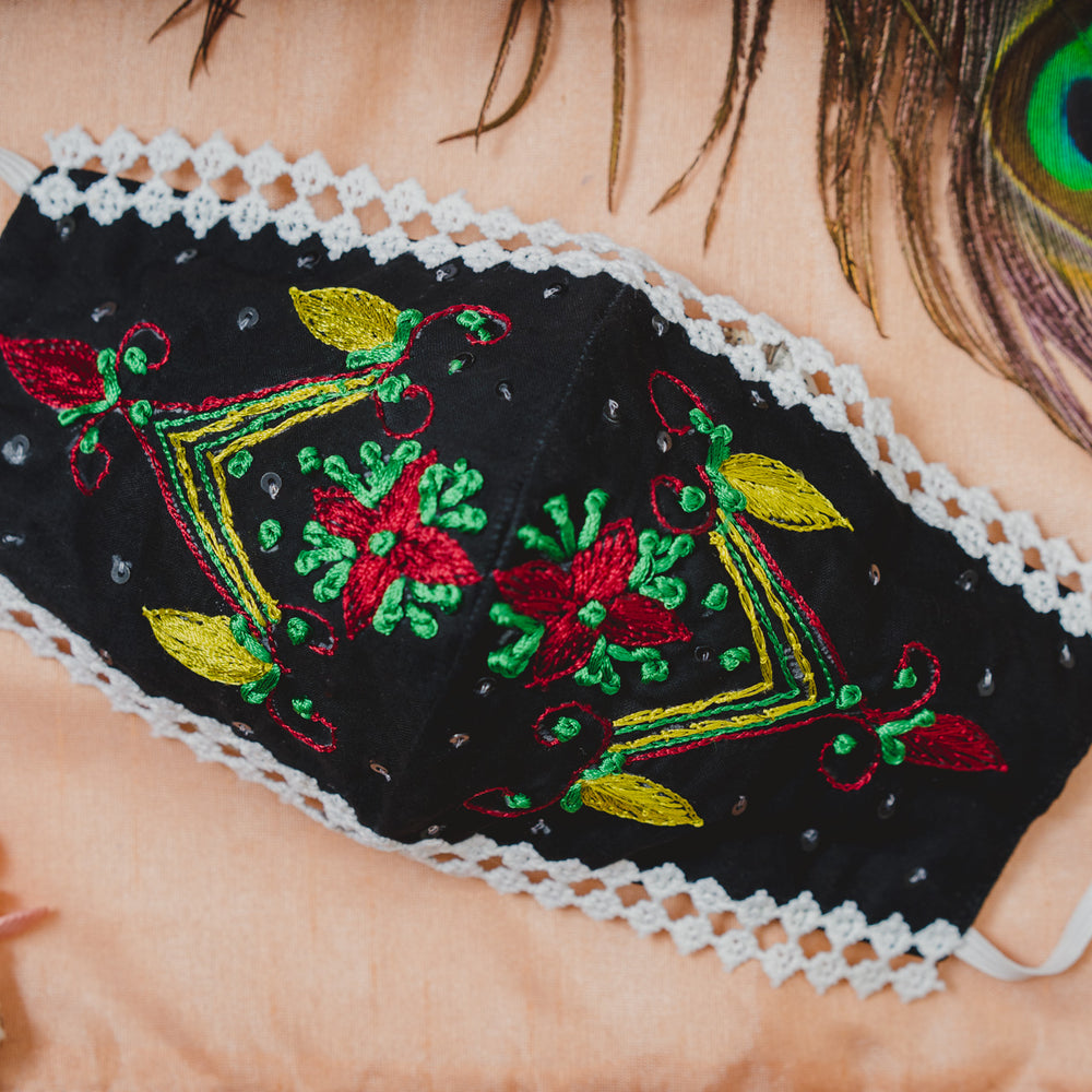 
                  
                    Black Cotton Lace Face Mask with Floral Thread Embroidery - Maxim Creation
                  
                